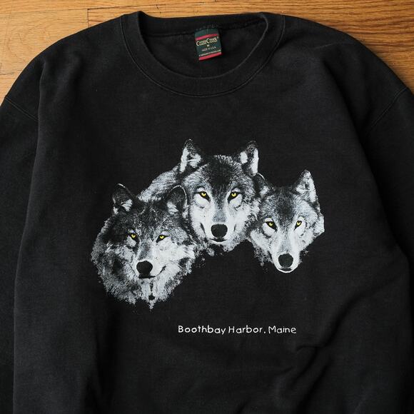Vintage 90s Cross Creek Wolf Sweatshirt USA Boothbay Maine Black Size L Outdoors - Picture 3 of 8